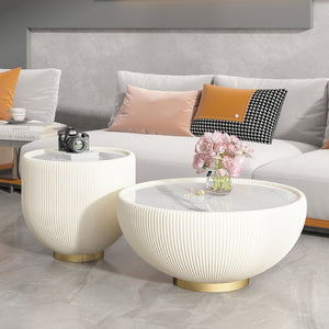 English Elm Modern Sintered Stone Round Side Table Leather Edge Brass Base Living Room Accent Beige,Gold,Marble W3081P293643
