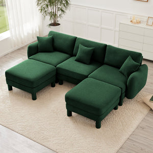 English Elm Boucle U-Shape Sectional Sofa With Shell Armrests & 2 Movable Ottomans For Modern Spaces, Green W3041S00310