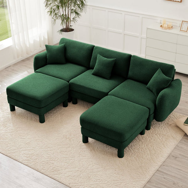 English Elm Boucle U-Shape Sectional Sofa With Shell Armrests & 2 Movable Ottomans For Modern Spaces, Green W3041S00310