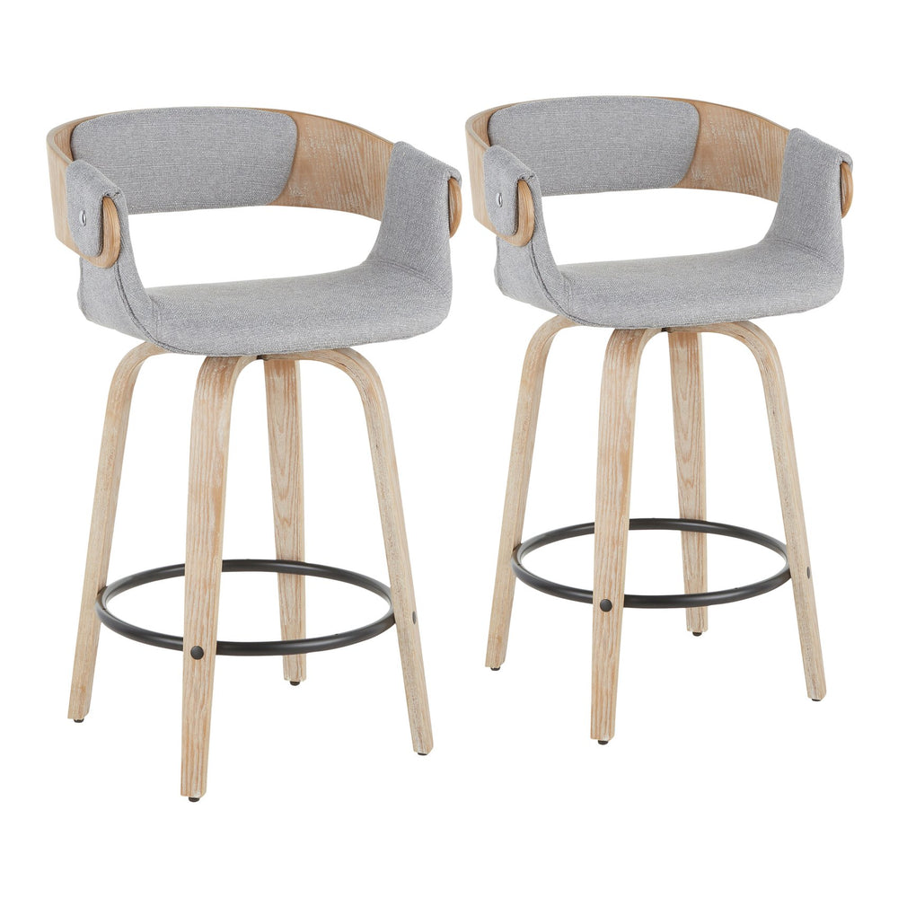 English Elm Elisa White Washed Farmhouse Counter Stool Set of 2 - Grey Woven Fabric, Swivel Wood Legs, Chrome Footrest B202S00240