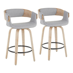 English Elm Elisa White Washed Farmhouse Counter Stool Set of 2 - Grey Woven Fabric, Swivel Wood Legs, Chrome Footrest B202S00240