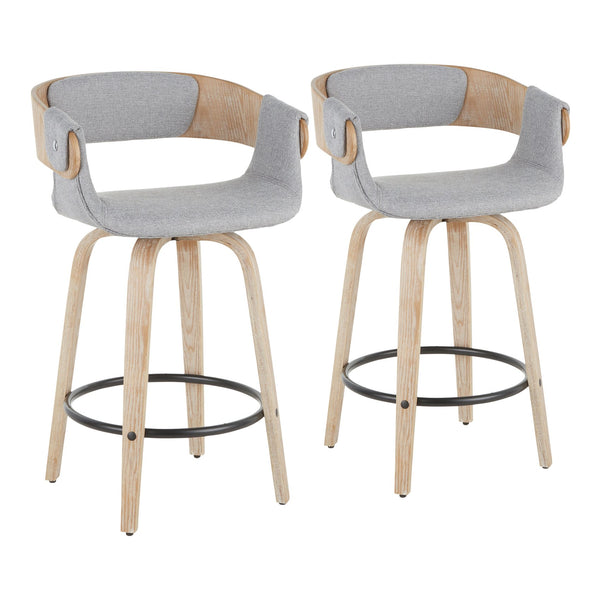 English Elm Elisa White Washed Farmhouse Counter Stool Set of 2 - Grey Woven Fabric, Swivel Wood Legs, Chrome Footrest B202S00240