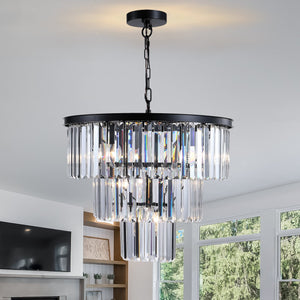 English Elm 20" Luxury 3-Tier Crystal Chandelier 7-Light Black Frame Pendant, K9 Crystals LED Ready Elegant Ceiling Fixture W2312P389944