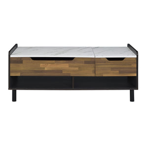 English Elm Axel Faux Marble Walnut Coffee Table with Lift-Top, Storage Drawers & Open Shelves, Modern KD Design B2726P251672