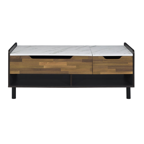 English Elm Axel Faux Marble Walnut Coffee Table with Lift-Top, Storage Drawers & Open Shelves, Modern KD Design B2726P251672