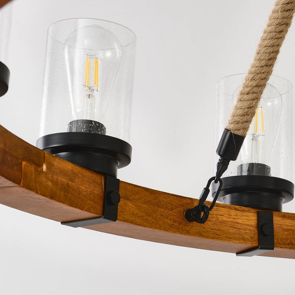 English Elm 12-light Wagon Wheel Chandelier Solid Wood Frame Seeded Glass Farmhouse Pendant W5008P390674
