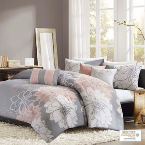 JLA Home Madison Park - 6 Piece Printed Duvet Cover Set with Floral & Stripe Motifs, OEKO-TEX Cotton, Button Closure, Ties Grey/Peach MP12-5674