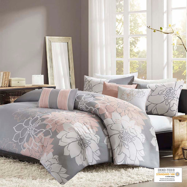 JLA Home Madison Park - 6 Piece Printed Duvet Cover Set with Floral & Stripe Motifs, OEKO-TEX Cotton, Button Closure Tie System Grey/Peach MP12-5673