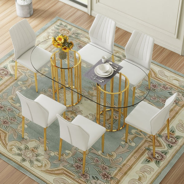 English Elm Table and Chair Set Oval Tempered Glass Top with Gold Base Glam Dining Room 7 Piece Transparent,White+Gold W1151S04728