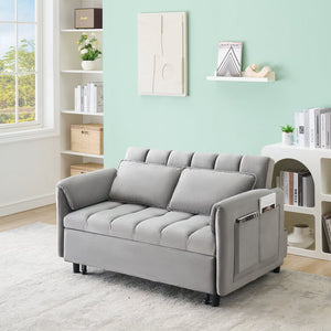 English Elm 52 Grey Modern Velvet Sofa Bed Convertible 3-in-1 Small Loveseat with Pillows, Pockets, Metal Legs, 500lb Capacity W1658P266339