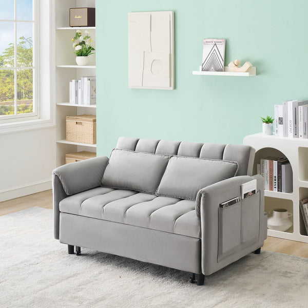 English Elm 52 Grey Modern Velvet Sofa Bed Convertible 3-in-1 Small Loveseat with Pillows, Pockets, Metal Legs, 500lb Capacity W1658P266339