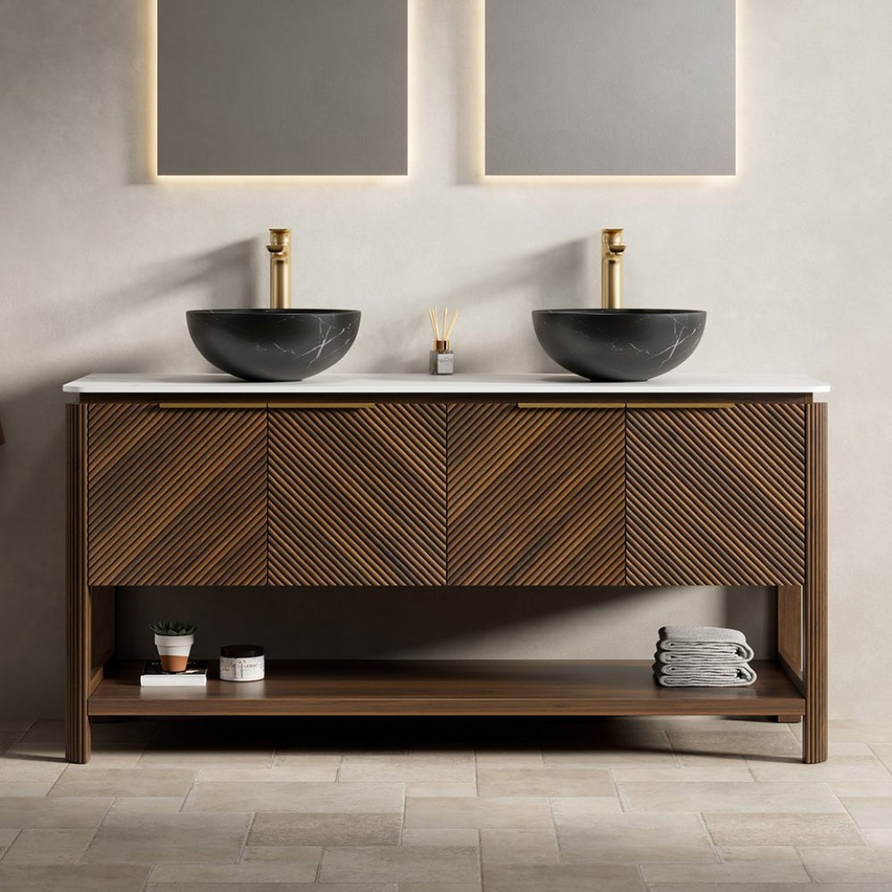 English Elm Dina 60 Inch Floating Bathroom Vanity Sintered Stone Top Dual Glass Basins Wood Grain W2615S00728