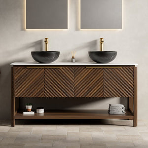 English Elm Dina 60 Inch Floating Bathroom Vanity Sintered Stone Top Dual Glass Basins Wood Grain W2615S00728