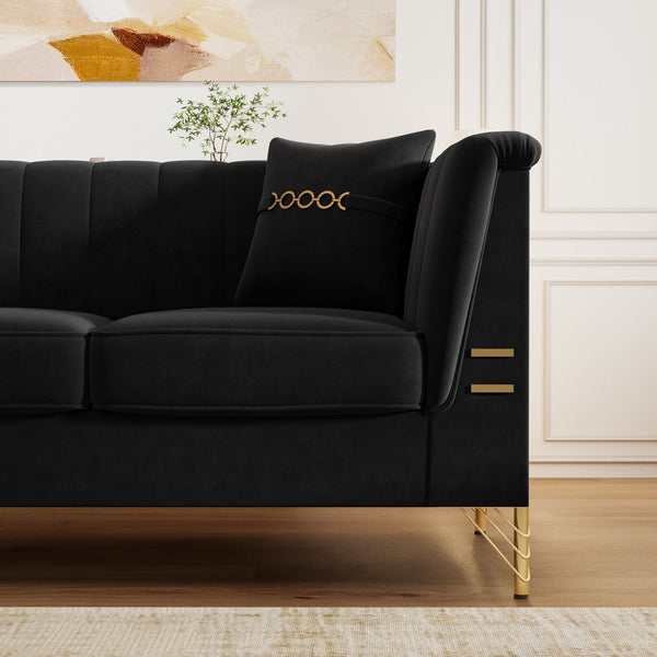 English Elm FX-P82-2PC Velvet Sofa Set of 2 — Plush Tufted 3-Seater Couches with Gold Metal Legs for Stylish Homes Black W576S00241