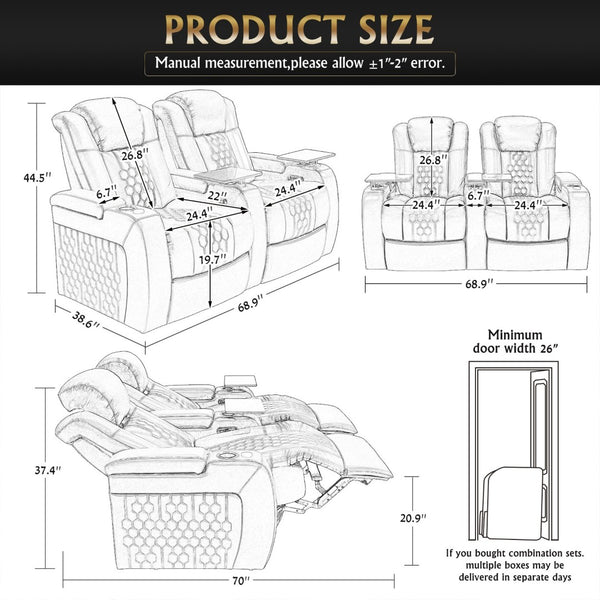 English Elm 68.9"power Recliner Set Top-grain Nappa Leather Rgb Led Home Theater Seating Black W3819S00090