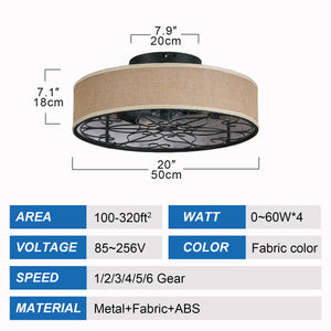 English Elm 20 20-Inch Caged Flush Mount Ceiling Fan with LED Lights, Bladeless Fabric Shade, Remote, DC Quiet W1340P343837