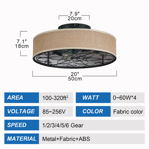 English Elm 20 20-Inch Caged Flush Mount Ceiling Fan with LED Lights, Bladeless Fabric Shade, Remote, DC Quiet W1340P343837