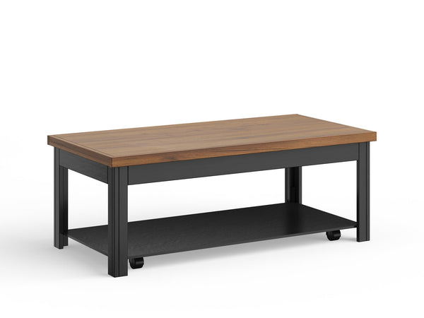 English Elm 48 Modern Farmhouse Coffee Table Black & Whiskey Finish, 48" Solid Wood Top, Shelf, Casters, Fully Assembled B108P160149