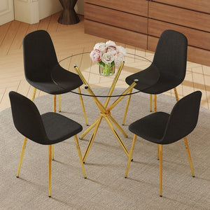 English Elm 4-Piece Modern Luxe Dining Set: 36.6'' Round Glass Table & Black-Gold Chairs For Stylish Spaces W1151S03682