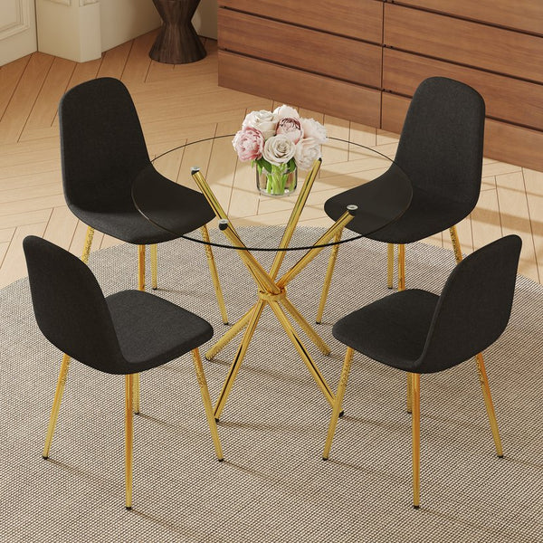 English Elm 4-Piece Modern Luxe Dining Set: 36.6'' Round Glass Table & Black-Gold Chairs For Stylish Spaces W1151S03682