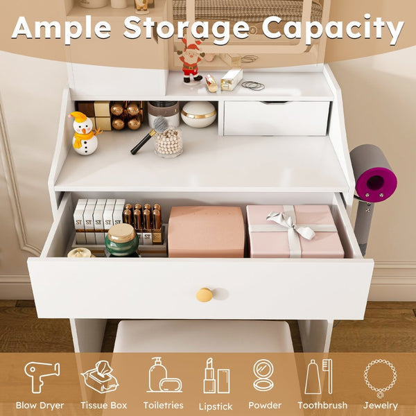 English Elm 3-color Led Vanity Table with Stool Drawers and Built-in Power Hub for Bedroom White W2700P457870