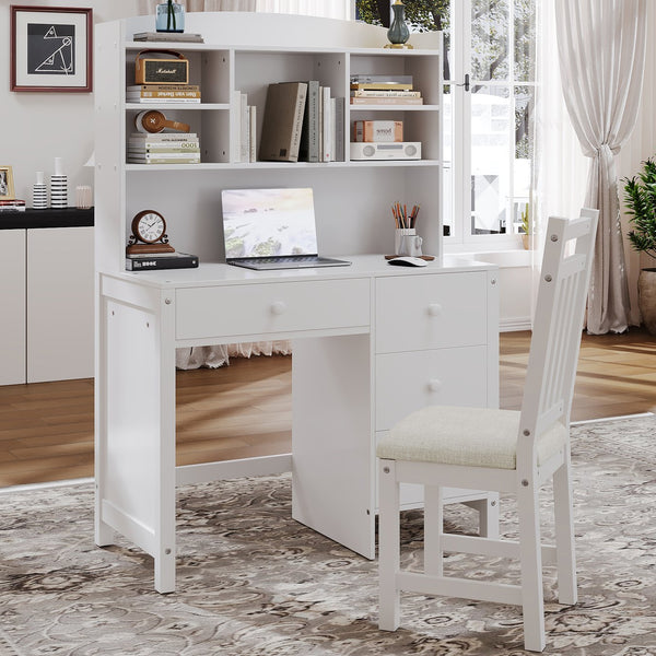 English Elm Vintage 40'' Home Executive Desk Set with Upholstered Chair and Built-In Bookshelf for Stylish Productivity White 44 L x 23 W x 13.5 H N733P272894K
