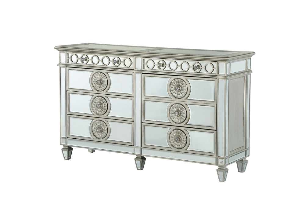 English Elm Varian Mirrored Finish Dresser with Geometric Trim & Sunburst Motifs, 8 Smooth Glide Drawers, Luxe Crystal Knobs Silver 71 L x 23 W x 39 H B2726P261265