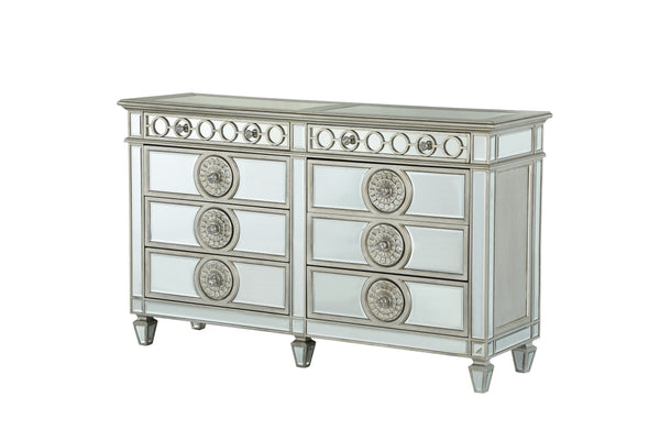 English Elm Varian Mirrored Finish Dresser with Geometric Trim & Sunburst Motifs, 8 Smooth Glide Drawers, Luxe Crystal Knobs Silver 71 L x 23 W x 39 H B2726P261265