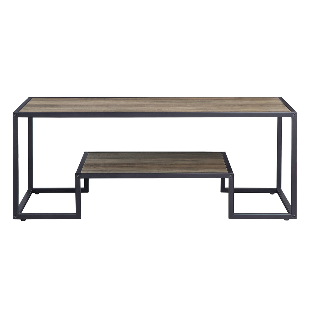 English Elm Idella Industrial Rustic Oak Coffee Table with Black Metal Frame, 1-Tier Shelf, Durable PU Top B2726P287757