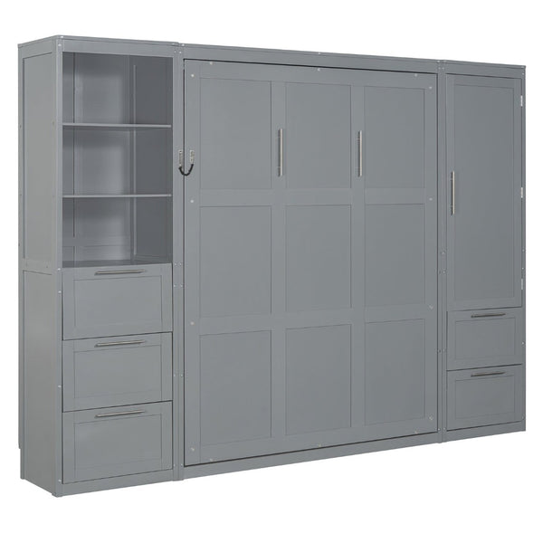English Elm Queen Murphy Wall Bed with Wardrobe Drawers and Shelves for Studio or Guest Room Gray LP000865AAE-1