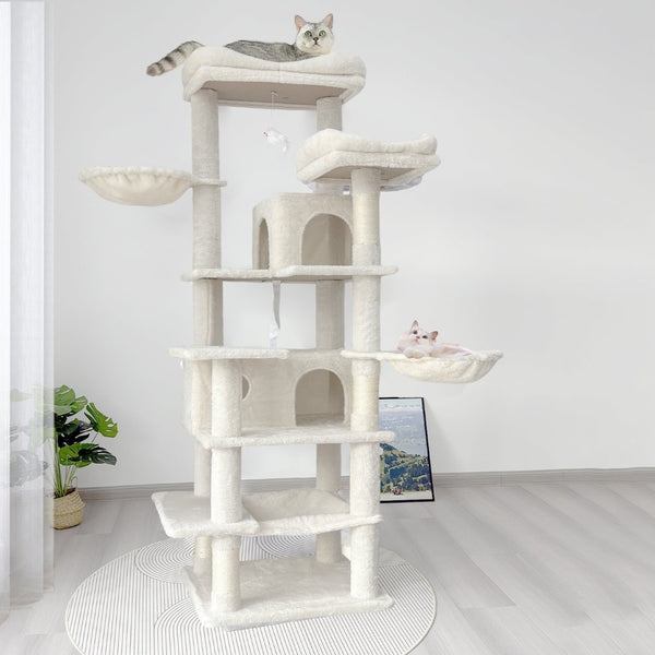 English Elm 68in Tall Six Level Plush Cat Tower with Sisal Posts Hammock Cave and Washable Perches Beige W243P326780