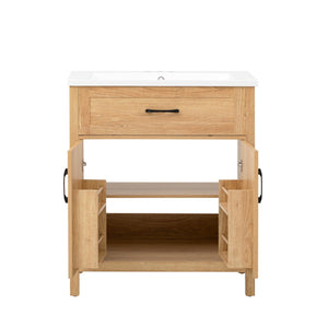 English Elm 30" Solid Pine Bathroom Vanity with Resin Sink Soft Close Doors and Natural Grain Finish N710P405952P