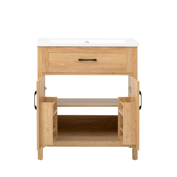 English Elm 30" Solid Pine Bathroom Vanity with Resin Sink Soft Close Doors and Natural Grain Finish N710P405952P