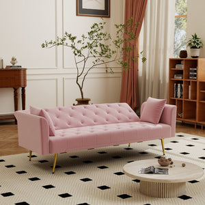 English Elm Modern Tufted Velvet Sleeper Sofa Retro Style Convertible Fold Flat for Compact Spaces Pink W2353P399455