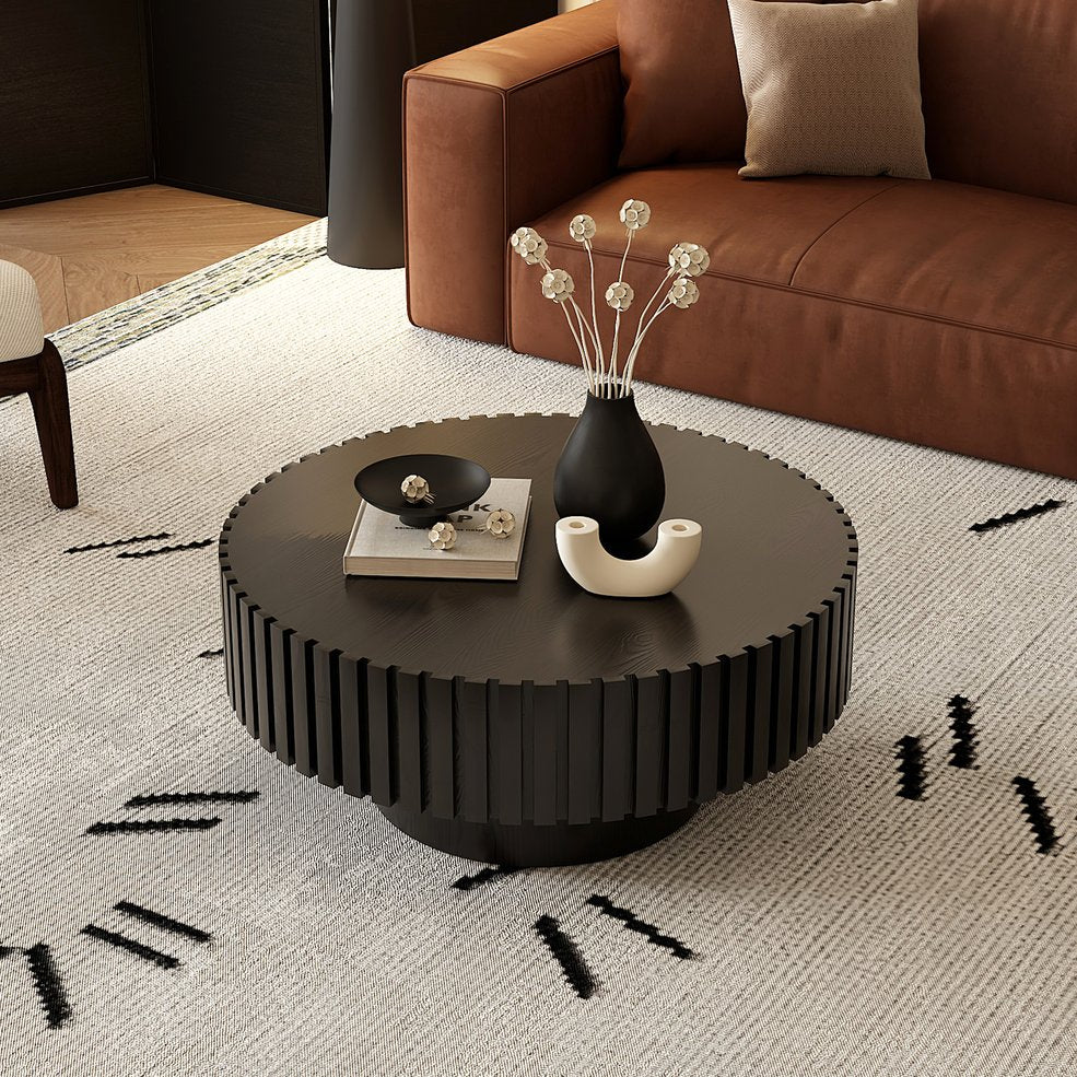 English Elm Round Handcrafted Olive-Shaped Coffee Table with Sturdy MDF Pedestal, Ready-to-Use Living Room Accent Black W3081P255051