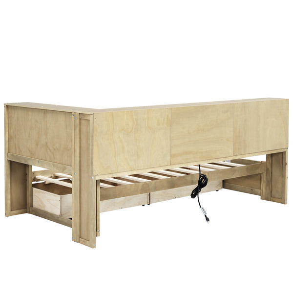 English Elm Twin Twin Size Daybed with USB Charging, Two Storage Drawers & Shelves, Sturdy MDF Frame, 300lb Capacity Wood GX000396AAD