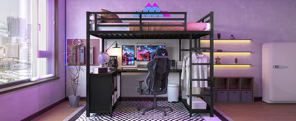 English Elm Metal Loft Bed With Integrated Desk, Storage Shelves & Wardrobe – Space-Saving Solution For All Ages W1580S00117