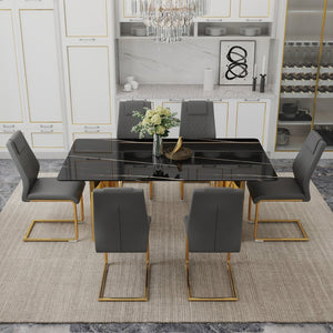 English Elm Table Modern Luxury Dining Set With Glass Top, Imitation Marble Design, 6 Comfortable Pu Chairs W1151S04330-GIGA