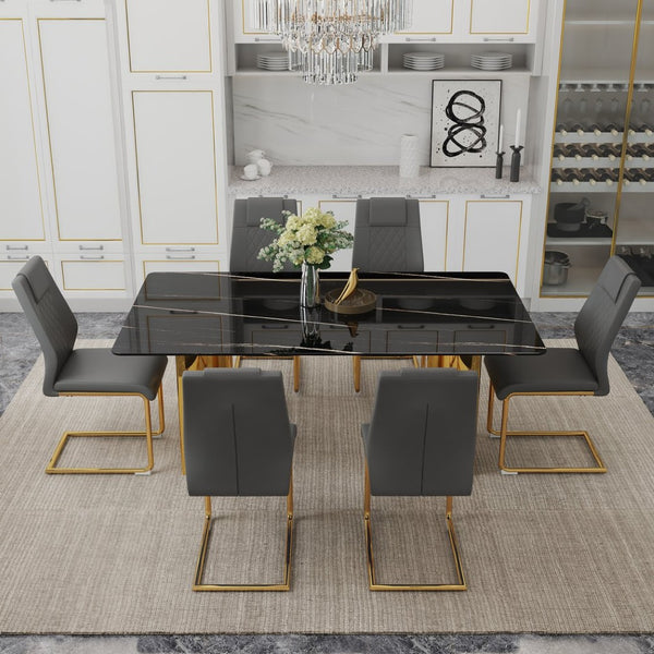 English Elm Table Modern Luxury Dining Set With Glass Top, Imitation Marble Design, 6 Comfortable Pu Chairs W1151S04330-GIGA