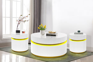 English Elm Tivoli Round Glass Top Coffee Table Set with Led Lighting and Gold Reeded Base B2749S00156