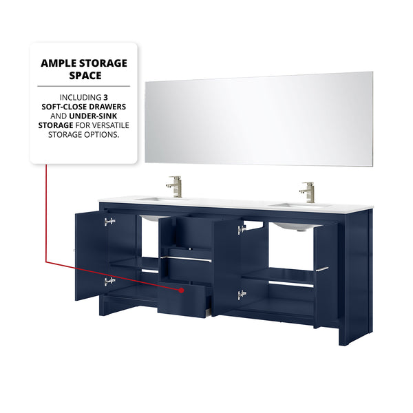 English Elm Navy Blue Double Bath Vanity 80" W With White Quartz Top, Brushed Nickel Faucet & 70" Mirror Set B2731S01762