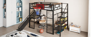 English Elm Full Full Size Metal Loft Bed with Built-In Desk, Slide, Basketball Hoop and Open Wardrobe Storage Black GX001524AAB