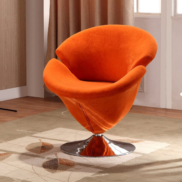 English Elm Tulip Velvet Swivel Lounge Chair with Polished Chrome Base, 360° Rotation, Plush Velvet Comfort Orange B365P398425