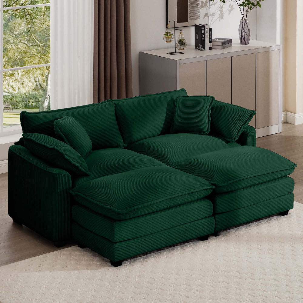 English Elm Corduroy Two-Seater Sofa With Ottoman - Chic Green Comfort For Small Spaces & Cozy Living Rooms W714S00811