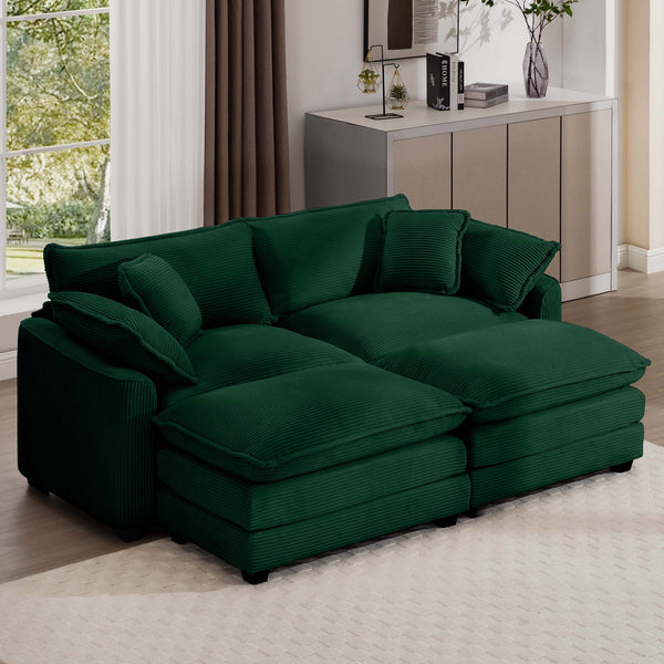 English Elm Corduroy Two-Seater Sofa With Ottoman - Chic Green Comfort For Small Spaces & Cozy Living Rooms W714S00811
