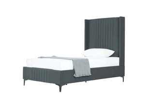English Elm Promenade Upholstered Velvet Twin Bed with Vertical Stitched Headboard, Solid Slats, No Box Spring Needed Grey B365S00052