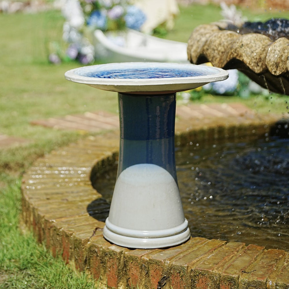 English Elm 17'' Handcrafted Ceramic Pedestal Bird Bath Glazed Ombre Swirl Garden Accent Piece Sapphire Blue,Sky Blue W3273P371892