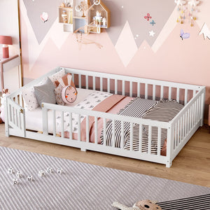 English Elm Full Floor Bed with Safety Guardrails and Play Door for Kids, Low Profile Pine Frame, 550lb Capacity White W1580P338950