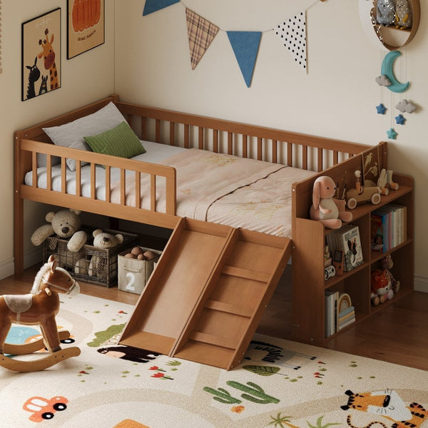 English Elm Twin Platform Kids Bed with Slide Ladder Guardrails Storage Shelf Wood Frame Walnut N733S415411M
