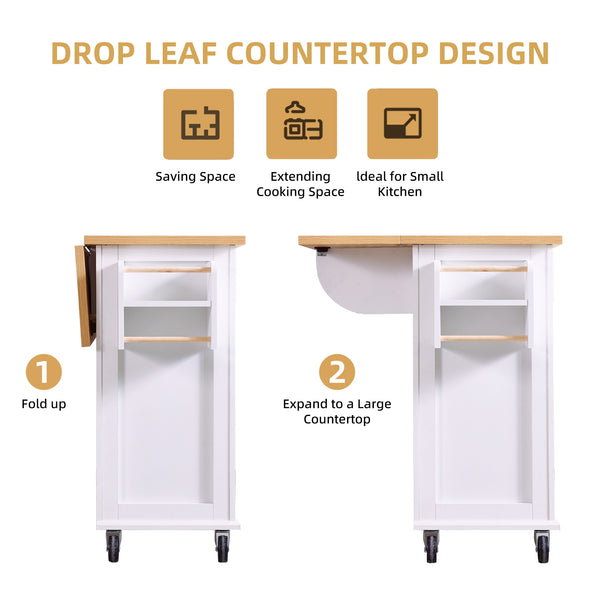 English Elm White Kitchen Island Cart with Wood Top, Drop-Leaf, Locking Wheels, 2 Drawers & Cabinet Storage W2565P359239